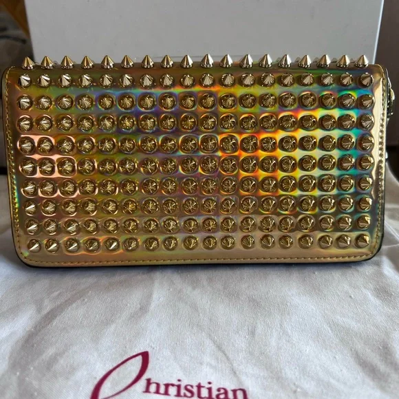 NEW Christian LOUBOUTIN Panettone Iridescent Gold Studded Red Leather Wallet